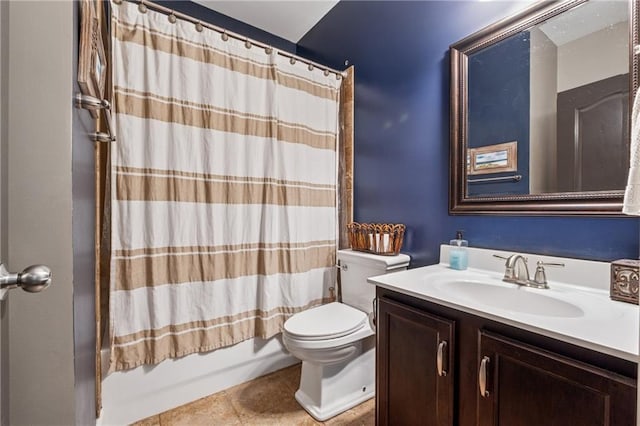 bathroom with toilet, vanity, shower / bathtub combination with curtain, and tile patterned floors