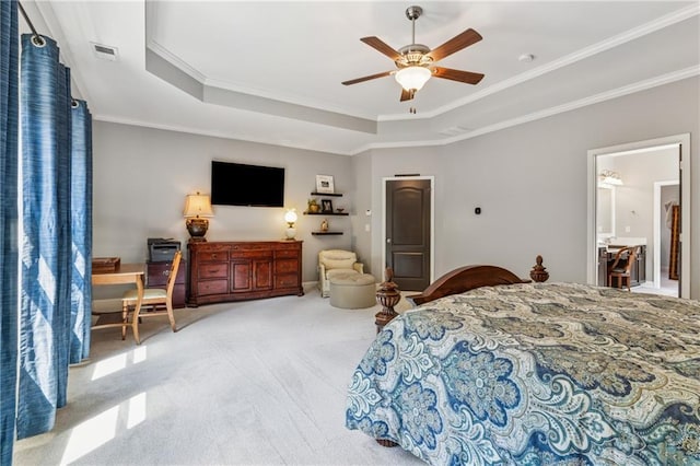 bedroom with carpet, crown molding, a raised ceiling, and a ceiling fan