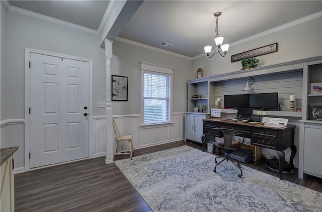 office with ornamental molding, dark hardwood / wood-style floors, and a chandelier