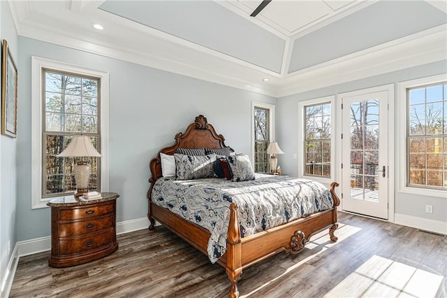 bedroom with ceiling fan, dark hardwood / wood-style floors, access to exterior, and crown molding