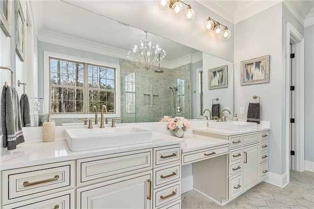 bathroom featuring vanity, tile patterned floors, a shower with door, and a notable chandelier