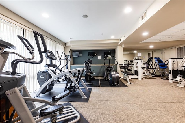 workout area featuring light carpet and plenty of natural light