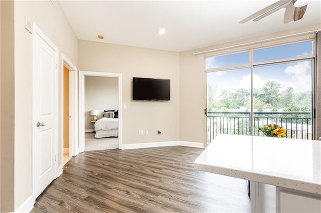 interior space featuring ceiling fan and dark wood-type flooring