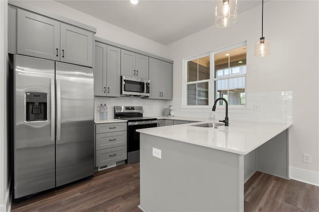 kitchen featuring a sink, gray cabinets, stainless steel appliances, a peninsula, and backsplash