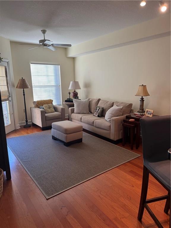 living room with ceiling fan and hardwood / wood-style floors