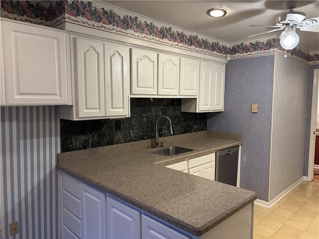 kitchen with white cabinetry, ceiling fan, dishwasher, and a sink