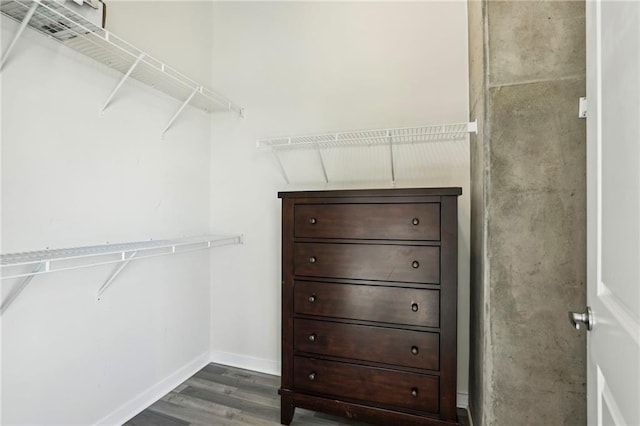 walk in closet with dark wood-type flooring