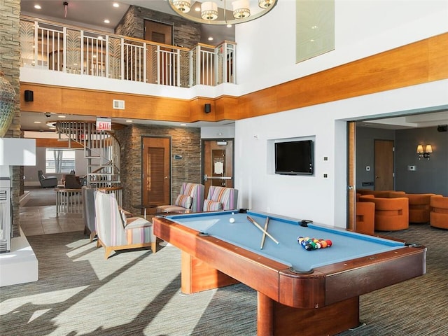 game room featuring a high ceiling, carpet flooring, and billiards