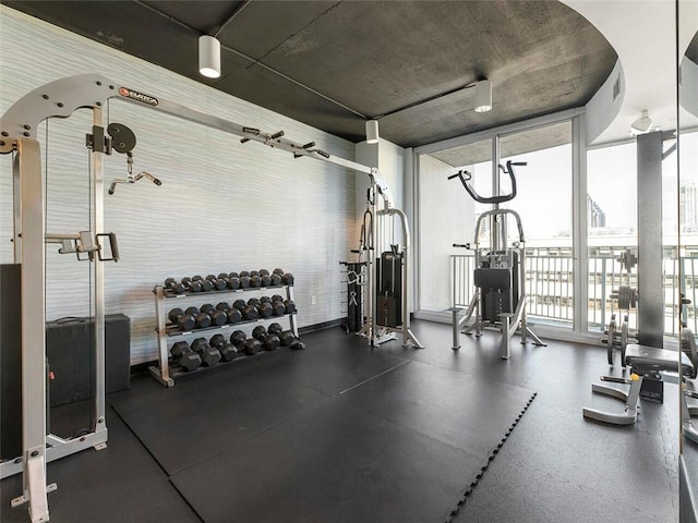 workout area with a wall of windows