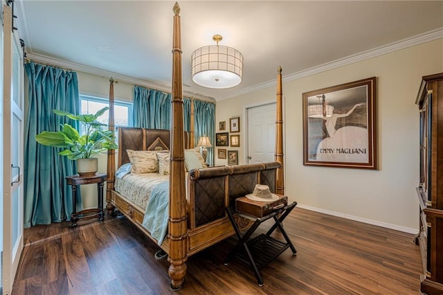 bedroom featuring crown molding, baseboards, and dark wood-style floors