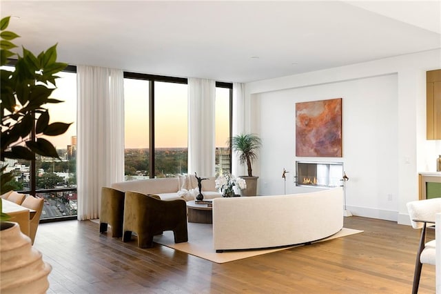 living room with wood-type flooring and floor to ceiling windows