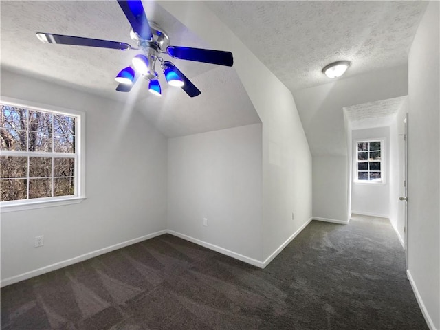 additional living space with vaulted ceiling, carpet flooring, baseboards, and a textured ceiling