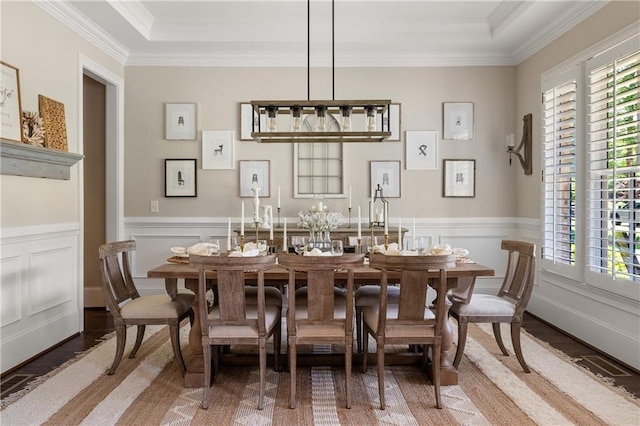 5330 Lake Redwine Cv NW, Acworth, GA 30101 - dining space with wood finished floors, ornamental molding, and a wainscoted wall