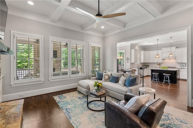 5330 Lake Redwine Cv NW, Acworth, GA 30101 - living room with a ceiling fan, coffered ceiling, wood finished floors, beam ceiling, and baseboards