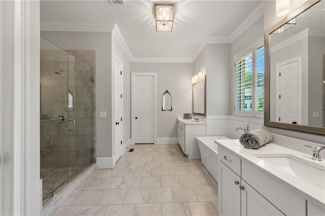 5330 Lake Redwine Cv NW, Acworth, GA 30101 - full bath with a stall shower, crown molding, marble look tile flooring, two vanities, and baseboards