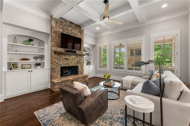 5330 Lake Redwine Cv NW, Acworth, GA 30101 - living room featuring a ceiling fan, dark wood finished floors, a fireplace, beamed ceiling, and coffered ceiling