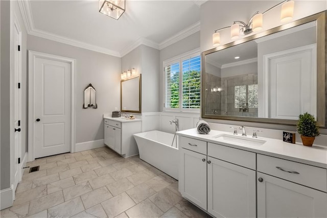 5330 Lake Redwine Cv NW, Acworth, GA 30101 - full bathroom with a tile shower, a freestanding tub, crown molding, two vanities, and baseboards