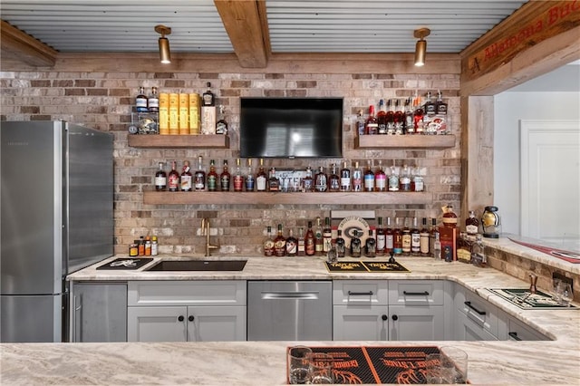 5330 Lake Redwine Cv NW, Acworth, GA 30101 - indoor wet bar featuring stainless steel appliances and beam ceiling