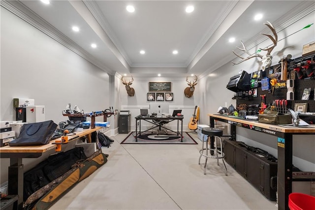 5330 Lake Redwine Cv NW, Acworth, GA 30101 - miscellaneous room with concrete flooring, a workshop area, crown molding, a raised ceiling, and recessed lighting