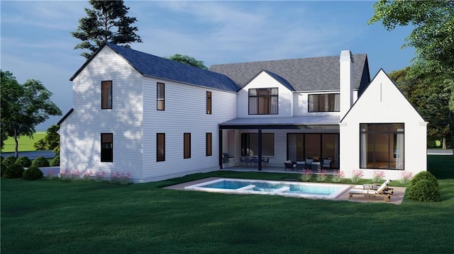440 Allyson Cir, Alpharetta, GA 30009 - back of house featuring a patio area, a yard, a chimney, and a pool with connected hot tub