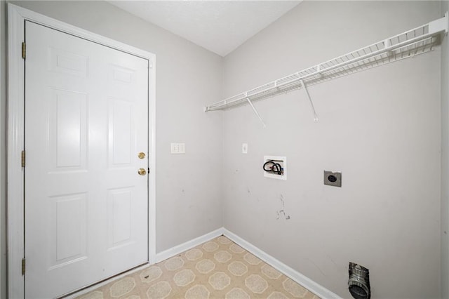 clothes washing area with washer hookup, light floors, hookup for an electric dryer, laundry area, and baseboards