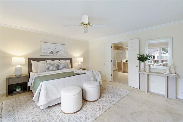 3711 Spinnaker Cir, Alpharetta, GA 30005 - bedroom featuring crown molding, light carpet, ensuite bath, baseboards, and ceiling fan