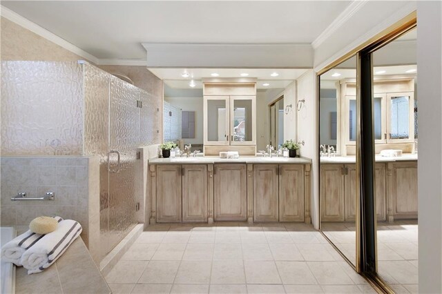 3711 Spinnaker Cir, Alpharetta, GA 30005 - full bathroom with tile patterned flooring, a shower stall, vanity, and crown molding