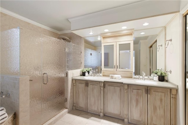 3711 Spinnaker Cir, Alpharetta, GA 30005 - full bath with a stall shower, tile patterned flooring, ornamental molding, double vanity, and recessed lighting