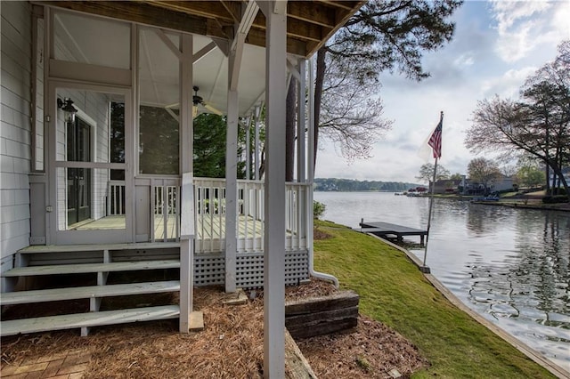 3711 Spinnaker Cir, Alpharetta, GA 30005 - wooden terrace with a water view, ceiling fan, a yard, and a boat dock