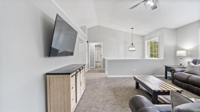 266 Carthage Blvd, Rockmart, GA 30153 - living room featuring vaulted ceiling, light carpet, ceiling fan, and baseboards