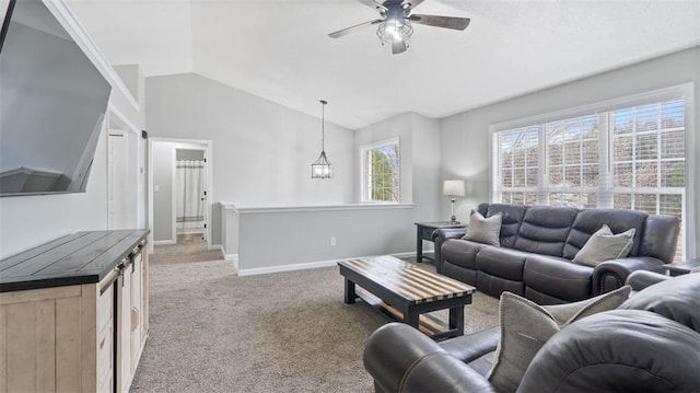 266 Carthage Blvd, Rockmart, GA 30153 - living room with light colored carpet, lofted ceiling, a ceiling fan, and baseboards