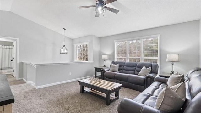 266 Carthage Blvd, Rockmart, GA 30153 - carpeted living room with plenty of natural light, a ceiling fan, vaulted ceiling, and baseboards