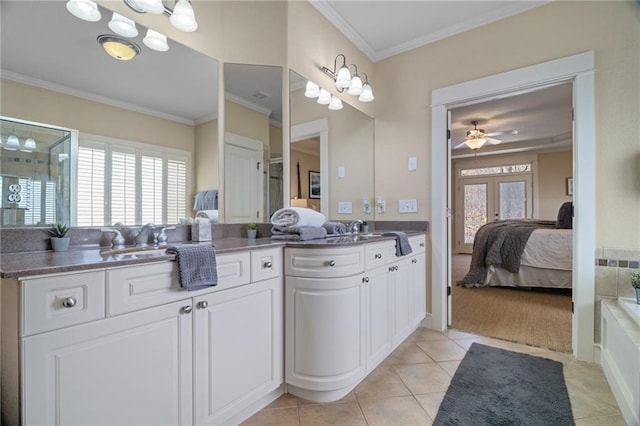 216 Crescent Moon Way, Canton, GA 30114 - bathroom with ornamental molding, tile patterned floors, a sink, ensuite bath, and double vanity