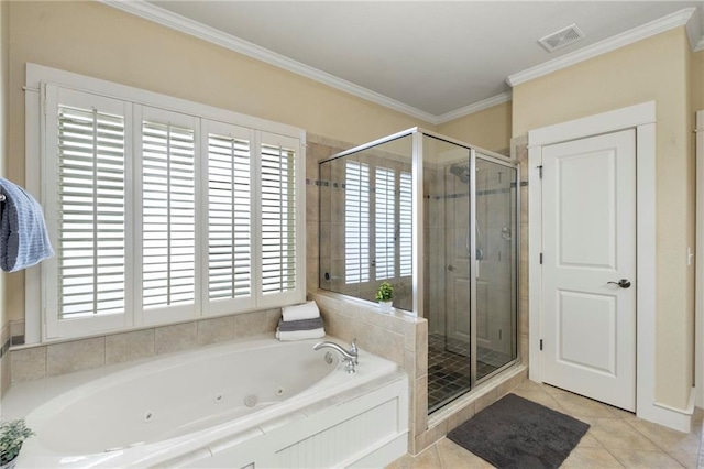 216 Crescent Moon Way, Canton, GA 30114 - full bath with a stall shower, visible vents, crown molding, and tile patterned flooring