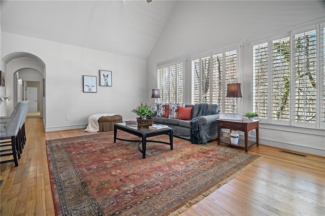 216 Crescent Moon Way, Canton, GA 30114 - living room featuring high vaulted ceiling, wood-type flooring, baseboards, visible vents, and arched walkways