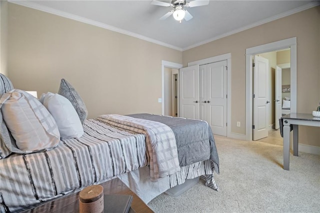 216 Crescent Moon Way, Canton, GA 30114 - carpeted bedroom with baseboards, a closet, ceiling fan, and ornamental molding