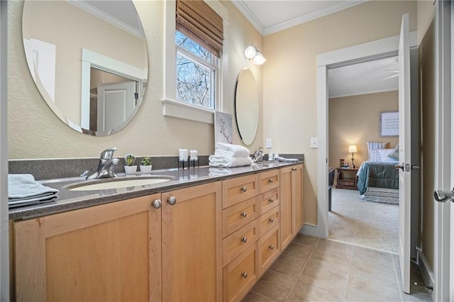 216 Crescent Moon Way, Canton, GA 30114 - ensuite bathroom with ornamental molding, tile patterned floors, a sink, double vanity, and ensuite bathroom