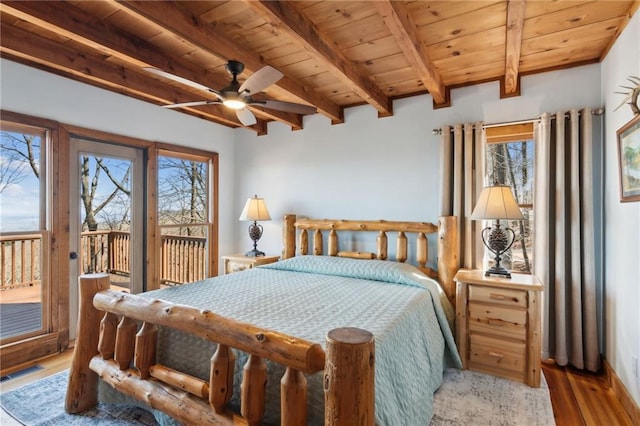 bedroom featuring access to exterior, visible vents, light wood-style floors, wooden ceiling, and beamed ceiling