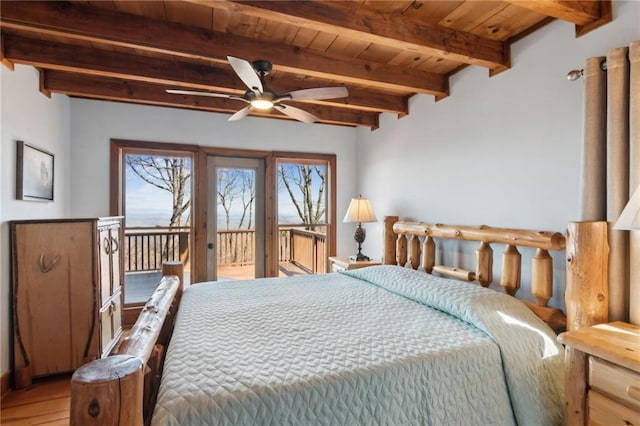 bedroom with access to outside, beamed ceiling, wooden ceiling, and wood finished floors