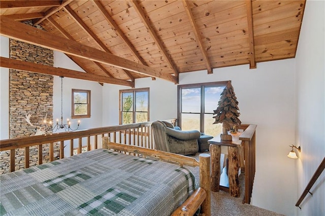 carpeted bedroom featuring high vaulted ceiling, beamed ceiling, wooden ceiling, and a notable chandelier