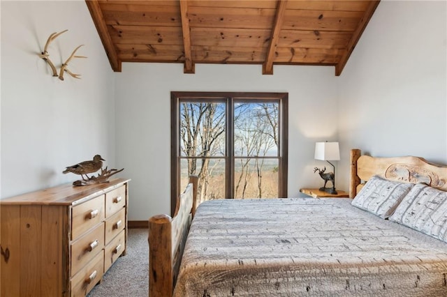 bedroom with carpet floors, wood ceiling, and lofted ceiling with beams