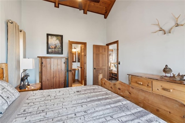 bedroom featuring high vaulted ceiling, beamed ceiling, and wooden ceiling