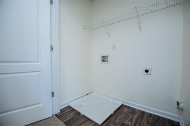 washroom with laundry area, washer hookup, wood finished floors, baseboards, and electric dryer hookup