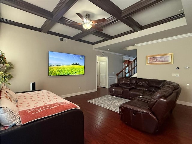 living area with hardwood / wood-style floors, coffered ceiling, baseboards, beamed ceiling, and ceiling fan