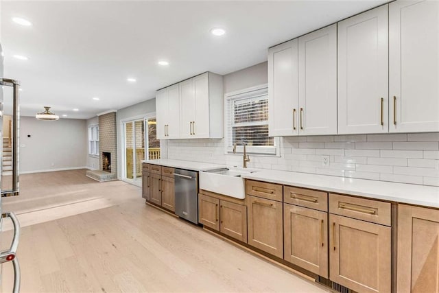 kitchen featuring light wood-style flooring, a sink, light countertops, stainless steel dishwasher, and backsplash