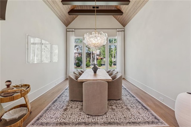 dining space with beamed ceiling, wood ceiling, wood finished floors, a notable chandelier, and baseboards