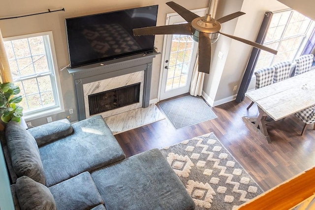 living room featuring a premium fireplace and dark hardwood / wood-style flooring