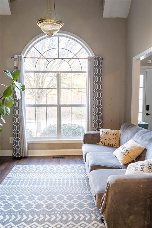 living room featuring dark wood-type flooring