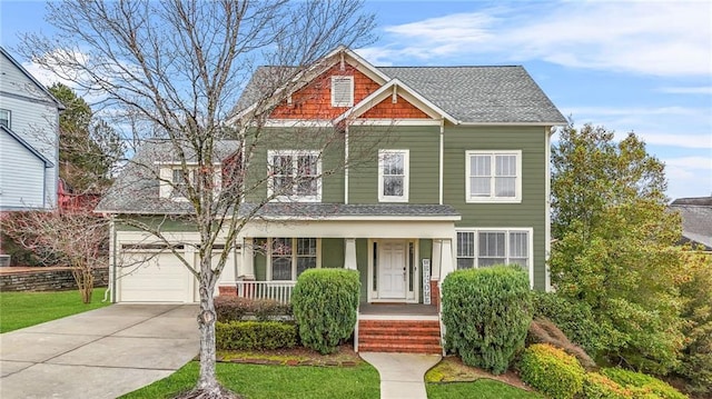 craftsman inspired home with driveway, covered porch, a shingled roof, and a garage