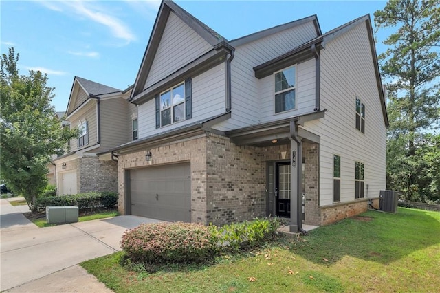 view of front of house with a garage, central AC unit, and a front lawn